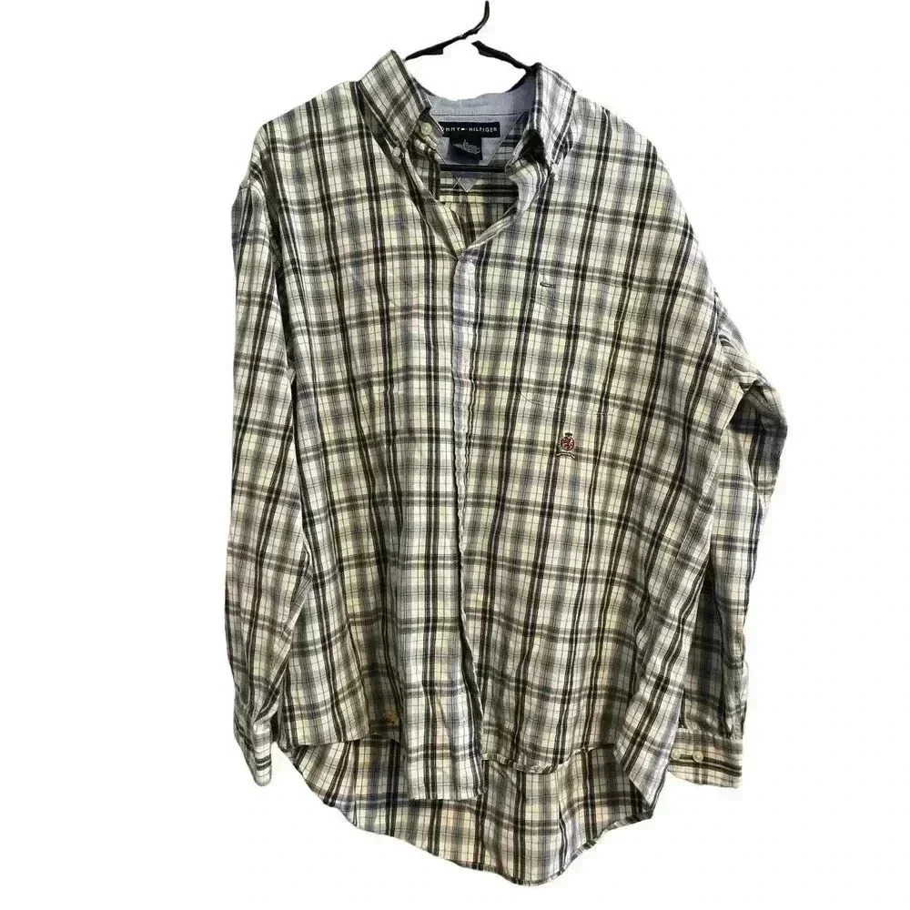 TOMMY HILFIGER SIZE LARGE GRAY/BLUE CHECKS BUTTON DOWN DRESS SHIRT